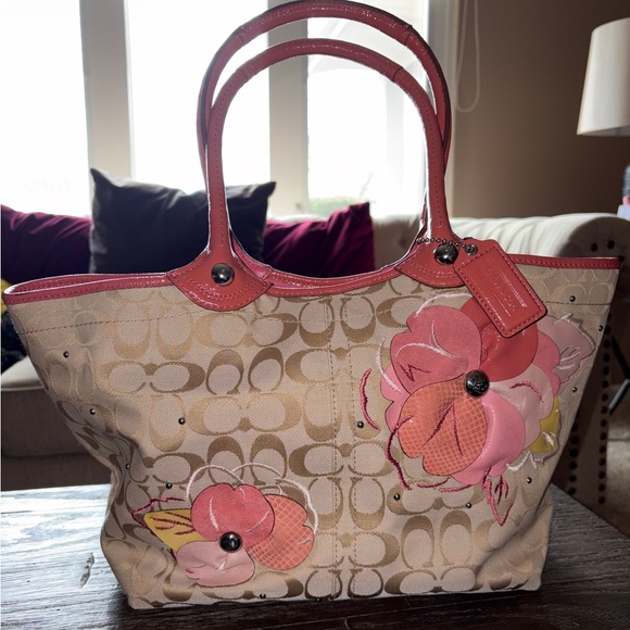 Coach Handbags - Coach Bleecker Signature Floral Appliqué Tote with Pink petal hues on canvas